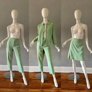 Vintage 60s Green Houndstooth Plaid MOD 3 Pc Pant Suit Jacket Skirt M